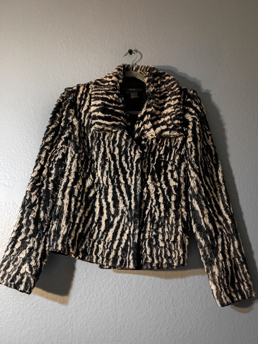 Per Se Black and White Textured Faux Fur Varsity Jacket